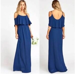 Show Me Your Mumu Women’s Navy Blue Caitlin Ruffle Maxi Bridesmaid Dress M.